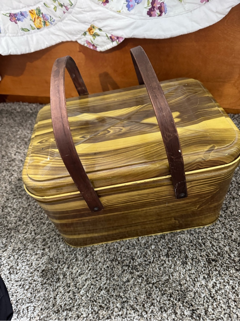 Vintage Faux Wood Picnic Basket with Brown Handles